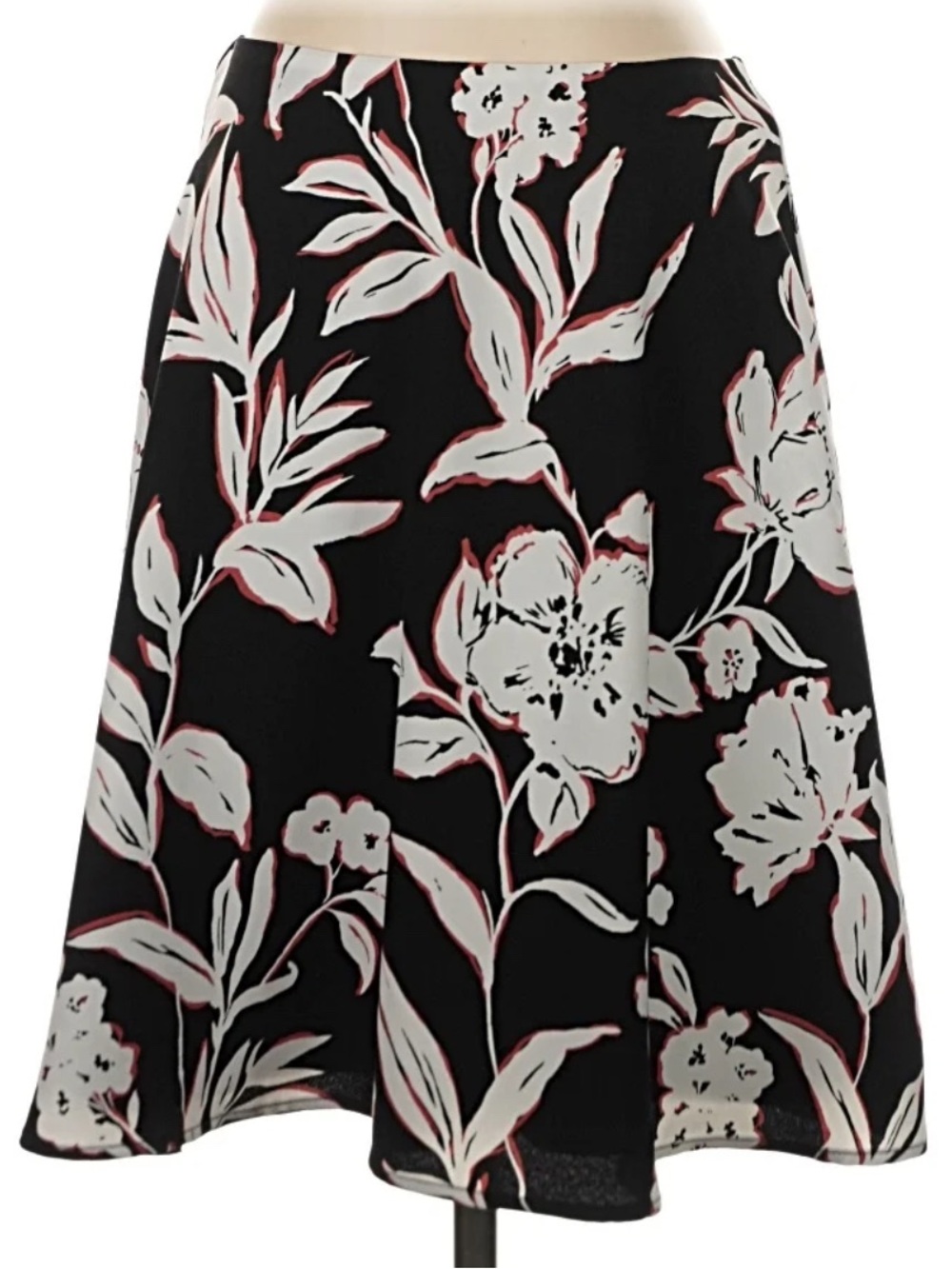 White House Black Market Black Floral Circle Skirt with White and Pink Accents